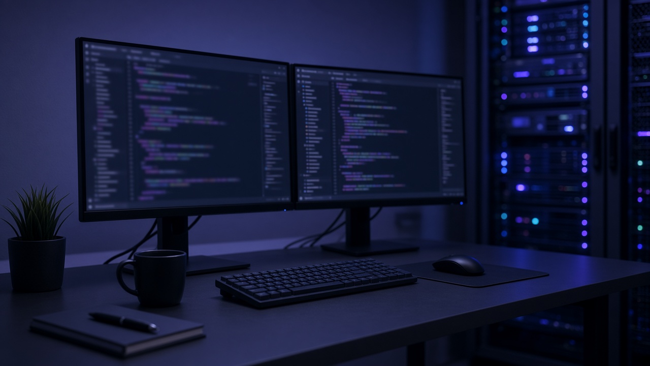 Ночная рабочая станция разработчика с двумя мониторами