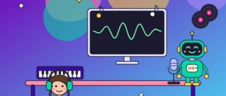 Девушка в наушниках за столом с синтезатором, на мониторе звуковая волна и ноты, рядом робот у микрофона и виниловые пластинки